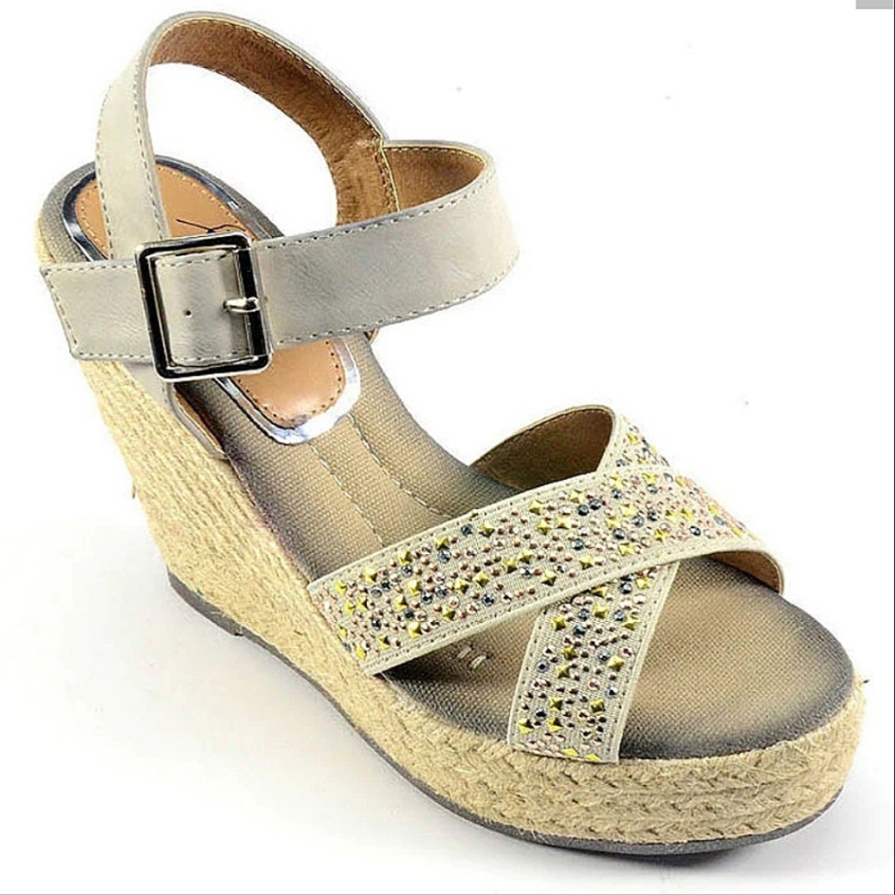 Corkys Tan Nude Beige Studded Wedge Espadrille Criss Cross Sandals sz9